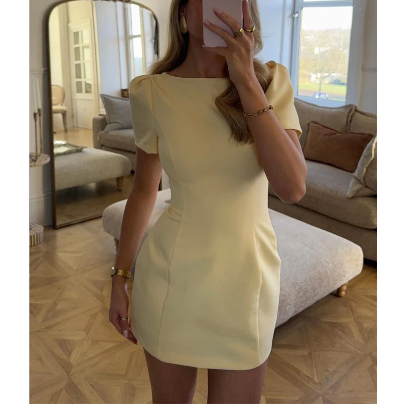 Vestidos Curtos Plissados MUJER 2026 para Mulheres, Vestidos Amarelos para Férias, Vestidos Elegantes para Festas, Vestido Formal de Manga Curta para Mulheres