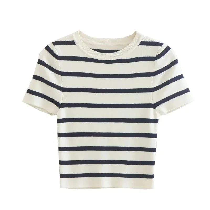 Muyer listrado malha blusas curtas para mulher manga curta camisa topos mulher 2025 pullovers malhas blusas de colheita topo feminino