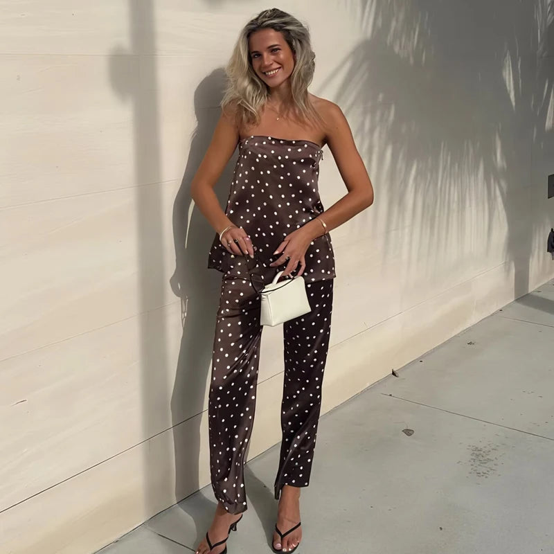 Muyer conjunto de calças de bolinhas femininas, 2 peças, cetim, cintura alta, calças femininas, espartilho, top crop, roupa de verão, calças femininas
