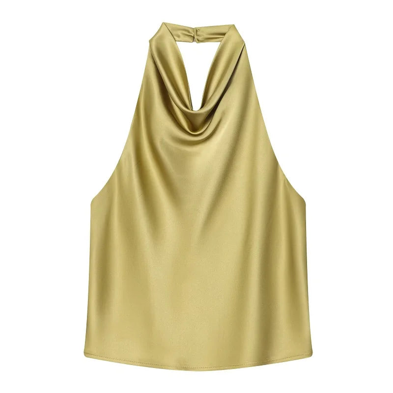 Tops de Cetim Halter MUJER para Mulheres, Tops Sem Ombros e Costas Descobertas, Tops Sexy Sem Alças para Mulheres, Camisola de Praia Feminina
