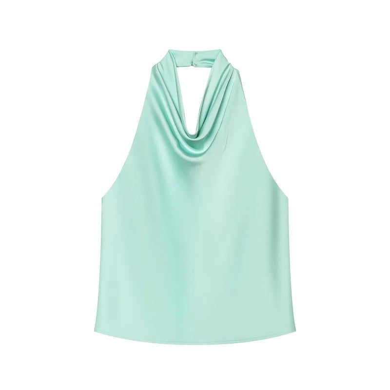 Tops de Cetim Halter MUJER para Mulheres, Tops Sem Ombros e Costas Descobertas, Tops Sexy Sem Alças para Mulheres, Camisola de Praia Feminina
