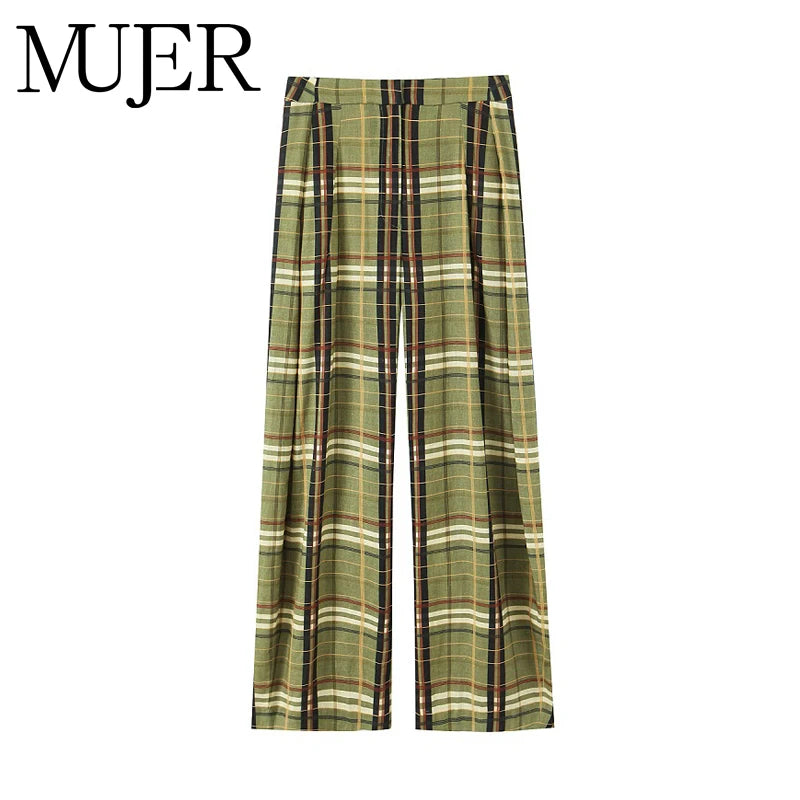Muyer xadrez calças largas mulher casual calças de perna larga para mulheres meados de cintura oversize calças femininas vintage calças plissadas das mulheres