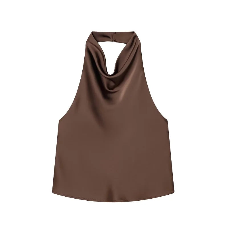 NOVO! Blusas Halter Femininas 2026: Top Preto de Cetim Sem Costas, Top Rosa de Verão para Praia, Blusa Feminina Ombro a Ombro, Camisola Feminina