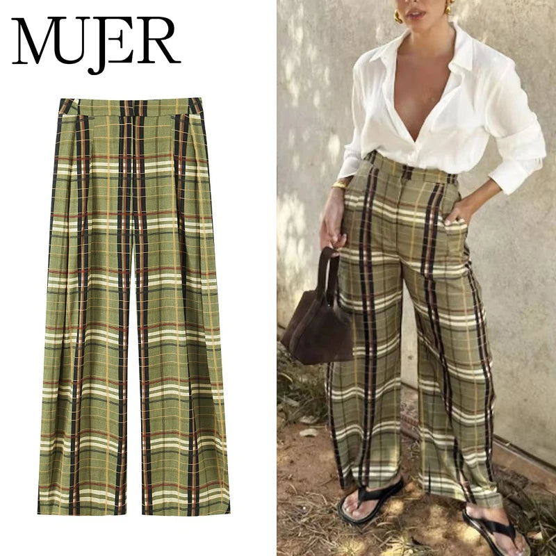 Muyer xadrez calças largas mulher casual calças de perna larga para mulheres meados de cintura oversize calças femininas vintage calças plissadas das mulheres
