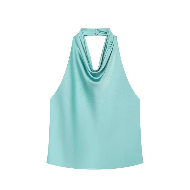 Tops de Cetim Halter MUJER para Mulheres, Tops Sem Ombros e Costas Descobertas, Tops Sexy Sem Alças para Mulheres, Camisola de Praia Feminina