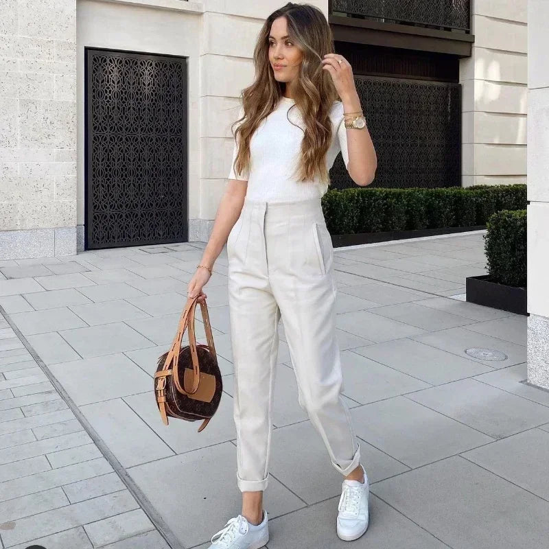 Muyer 2025 calças femininas de verão lápis calças de cintura alta para mulheres branco preto calças cortadas das mulheres streetwear calças de escritório