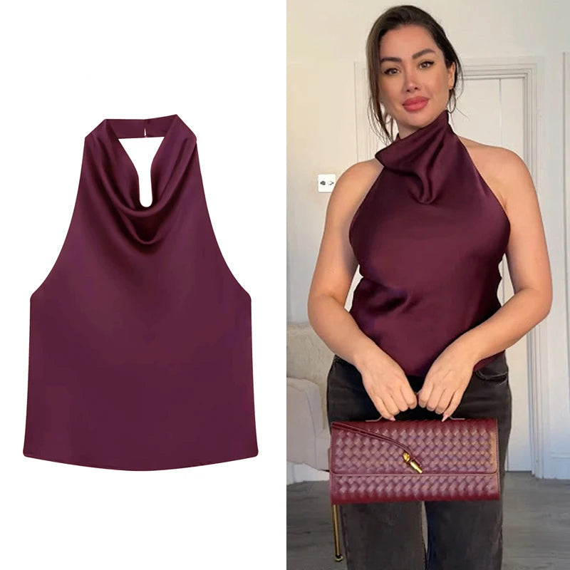 Tops de Cetim Halter MUJER para Mulheres, Tops Sem Ombros e Costas Descobertas, Tops Sexy Sem Alças para Mulheres, Camisola de Praia Feminina