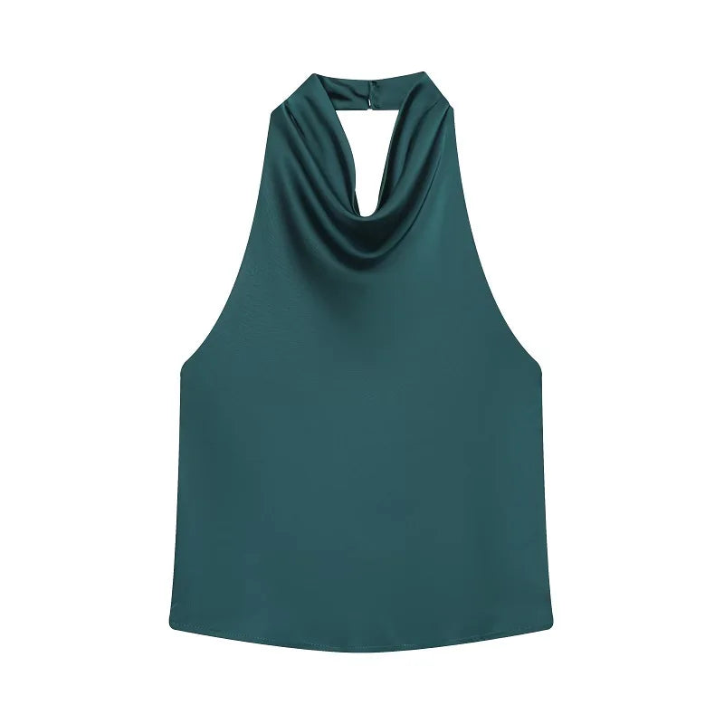 NOVO! Blusas Halter Femininas 2026: Top Preto de Cetim Sem Costas, Top Rosa de Verão para Praia, Blusa Feminina Ombro a Ombro, Camisola Feminina