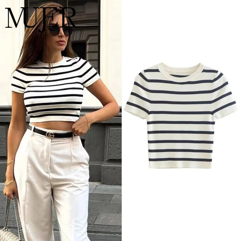 Muyer listrado malha blusas curtas para mulher manga curta camisa topos mulher 2025 pullovers malhas blusas de colheita topo feminino