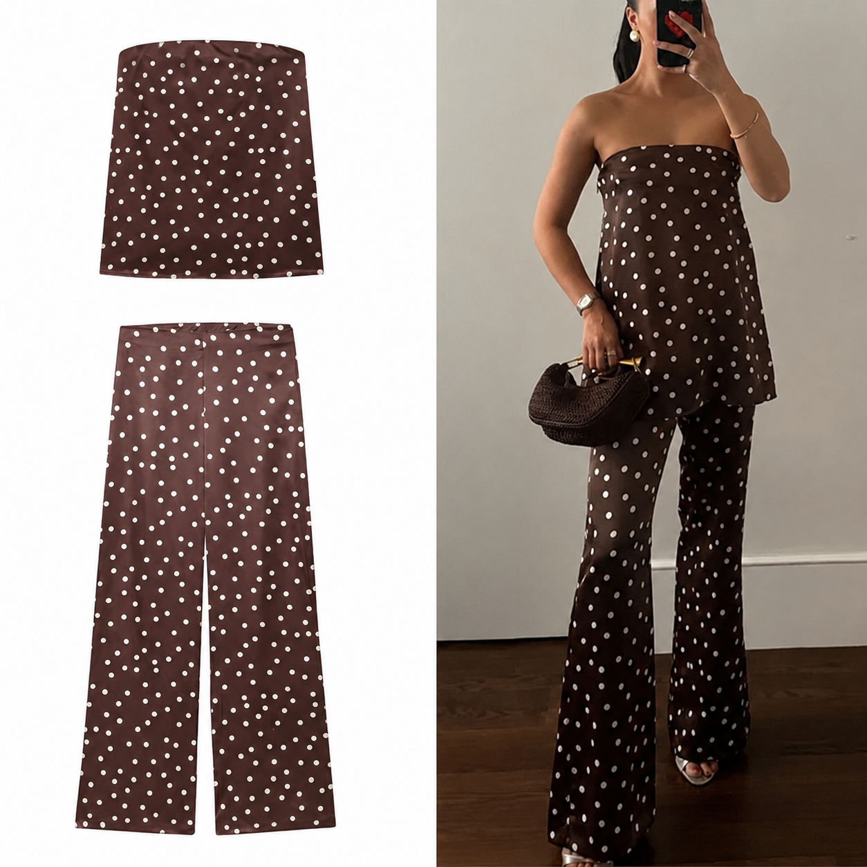 Muyer conjunto de calças de bolinhas femininas, 2 peças, cetim, cintura alta, calças femininas, espartilho, top crop, roupa de verão, calças femininas