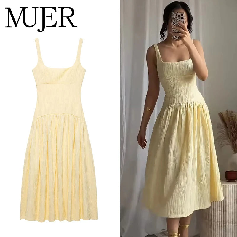 Muyer plissado deslizamento midi vestido mulher elegante festa vestidos longos para mulheres casual vestido de verão alças praia vestido feminino