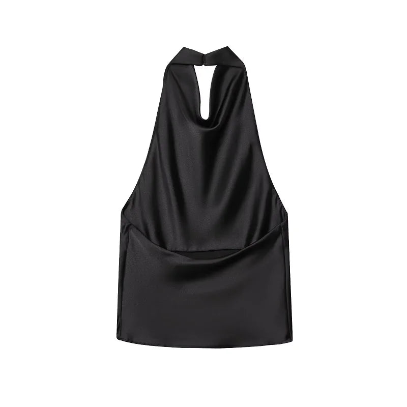 NOVO! Blusas Halter Femininas 2026: Top Preto de Cetim Sem Costas, Top Rosa de Verão para Praia, Blusa Feminina Ombro a Ombro, Camisola Feminina