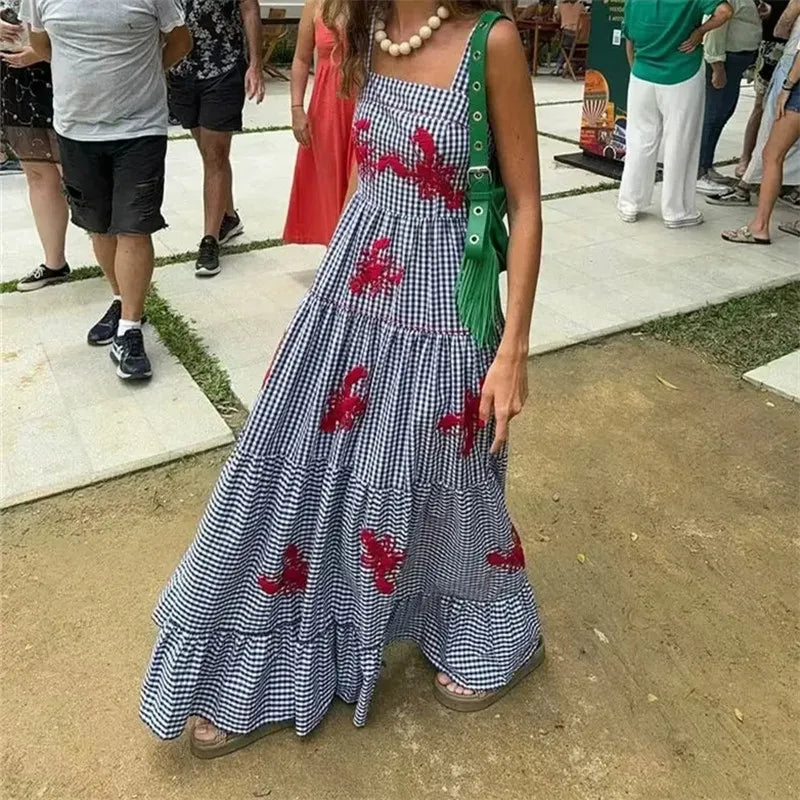Muyer xadrez deslizamento vestido longo mulher bordado plissado vestidos de verão 2025 sem mangas praia férias vestido feminino casual midi vestidos