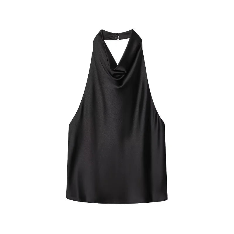 NOVO! Blusas Halter Femininas 2026: Top Preto de Cetim Sem Costas, Top Rosa de Verão para Praia, Blusa Feminina Ombro a Ombro, Camisola Feminina