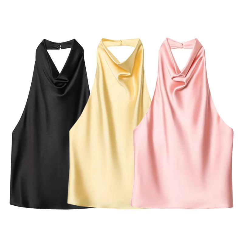 NOVO! Blusas Halter Femininas 2026: Top Preto de Cetim Sem Costas, Top Rosa de Verão para Praia, Blusa Feminina Ombro a Ombro, Camisola Feminina