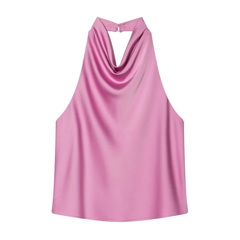 NOVO! Blusas Halter Femininas 2026: Top Preto de Cetim Sem Costas, Top Rosa de Verão para Praia, Blusa Feminina Ombro a Ombro, Camisola Feminina