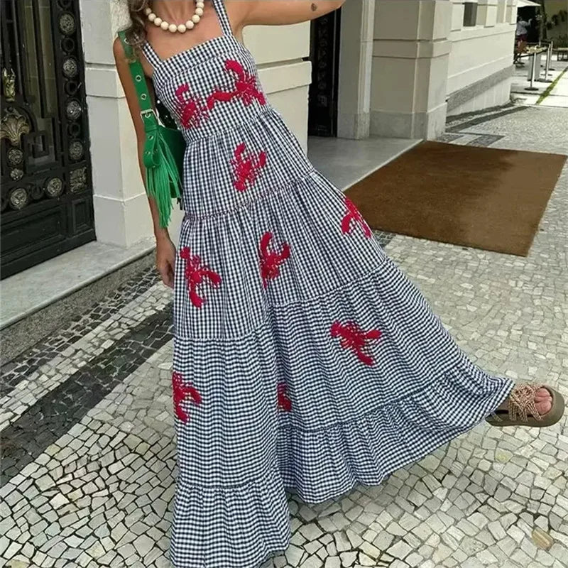 Muyer xadrez deslizamento vestido longo mulher bordado plissado vestidos de verão 2025 sem mangas praia férias vestido feminino casual midi vestidos