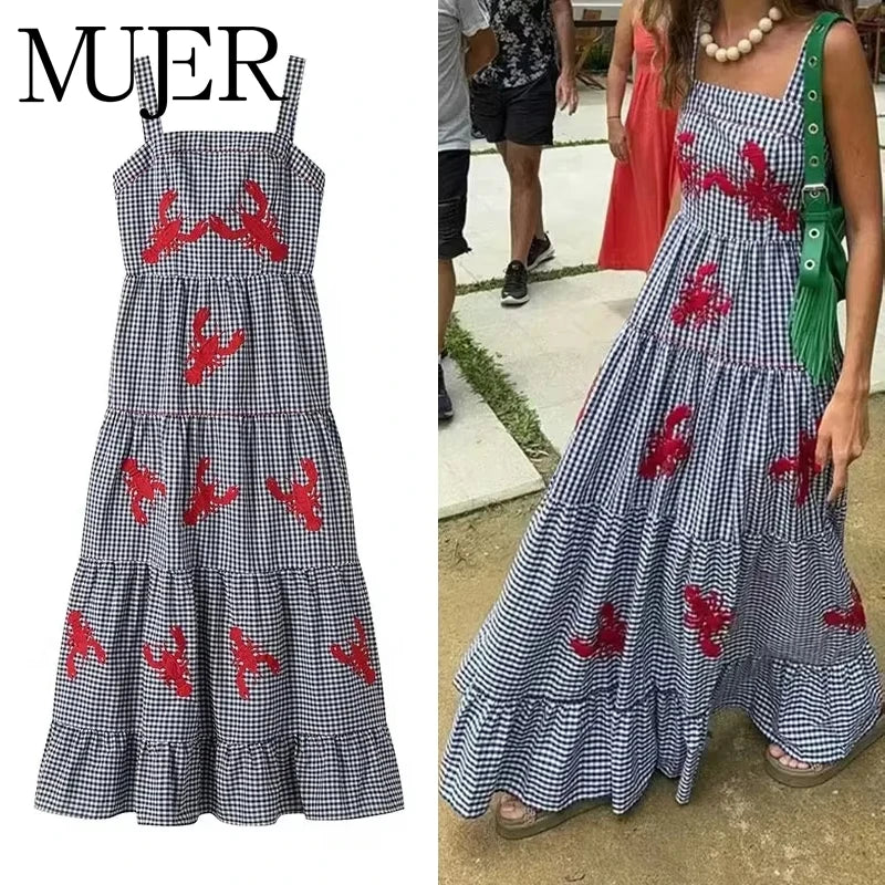 Muyer xadrez deslizamento vestido longo mulher bordado plissado vestidos de verão 2025 sem mangas praia férias vestido feminino casual midi vestidos