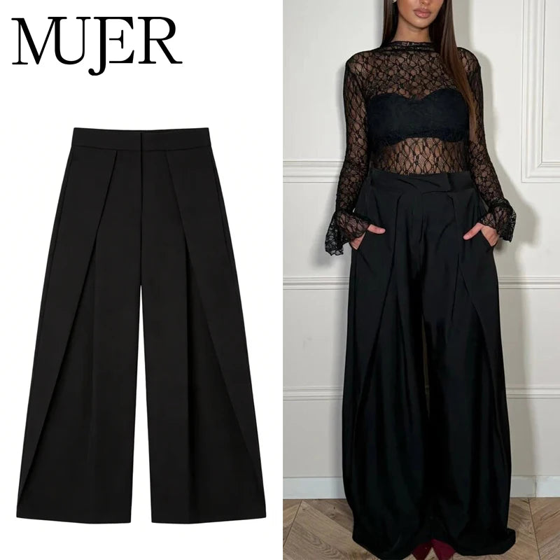 Calças Baggy Pretas para Mulheres, Calças Largas Plissadas, Calças Casuais Listradas para Mulheres, Calças de Cintura Alta para Primavera