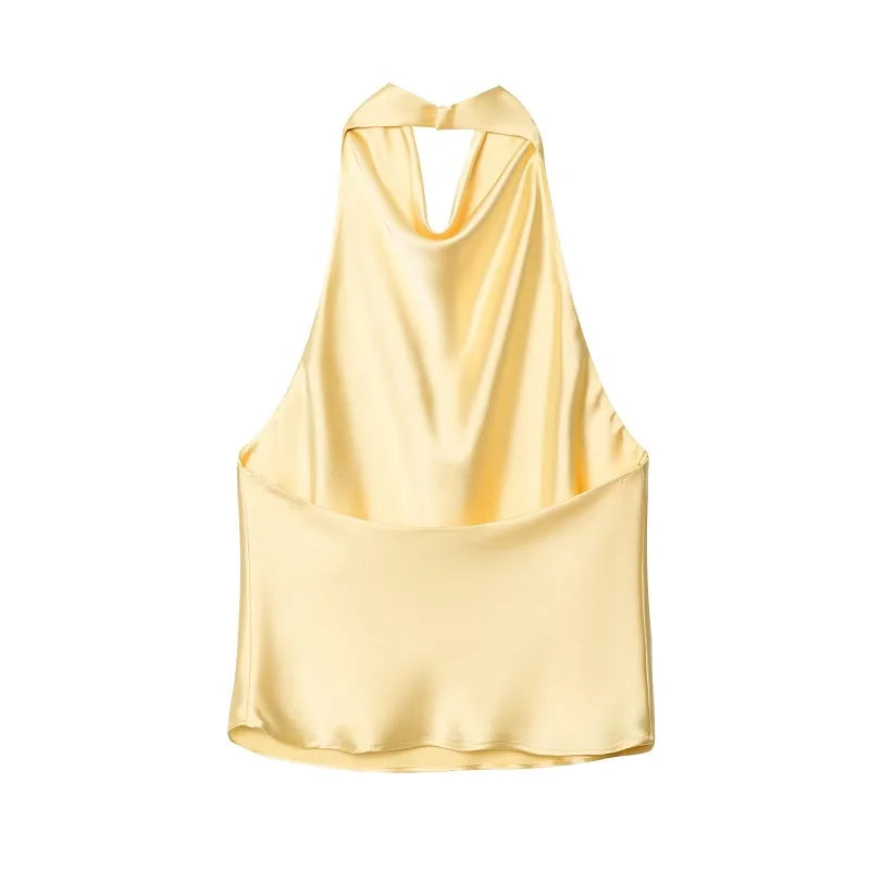 NOVO! Blusas Halter Femininas 2026: Top Preto de Cetim Sem Costas, Top Rosa de Verão para Praia, Blusa Feminina Ombro a Ombro, Camisola Feminina