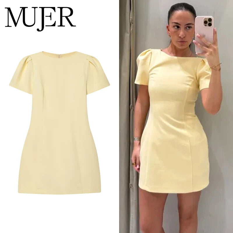 Vestidos Curtos Plissados MUJER 2026 para Mulheres, Vestidos Amarelos para Férias, Vestidos Elegantes para Festas, Vestido Formal de Manga Curta para Mulheres
