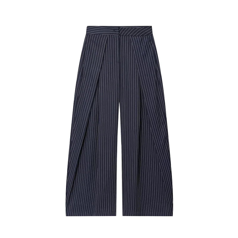 Calças Baggy Pretas para Mulheres, Calças Largas Plissadas, Calças Casuais Listradas para Mulheres, Calças de Cintura Alta para Primavera