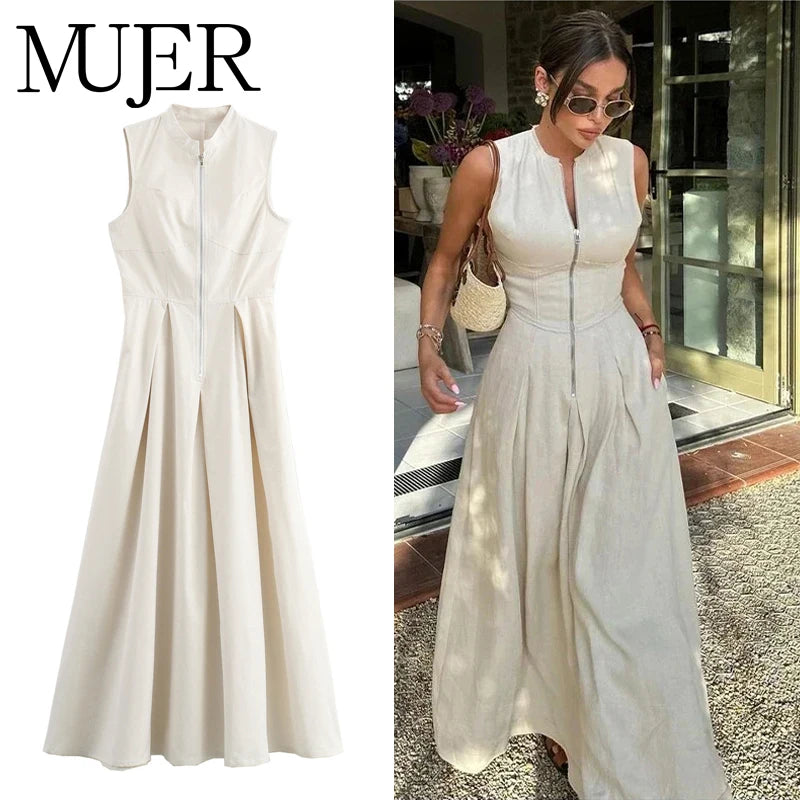 Muyer 2025 vestidos longos drapeados para mulheres zip sem mangas maxi vestido mulher férias de verão vestidos femininos ruched festa vestido feminino