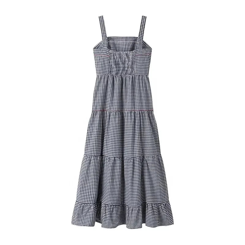 Muyer xadrez deslizamento vestido longo mulher bordado plissado vestidos de verão 2025 sem mangas praia férias vestido feminino casual midi vestidos