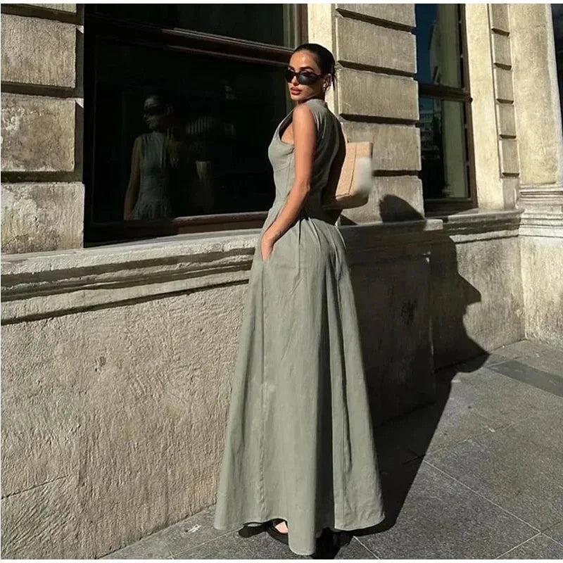 Muyer 2025 vestidos longos drapeados para mulheres zip sem mangas maxi vestido mulher férias de verão vestidos femininos ruched festa vestido feminino