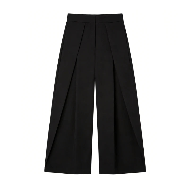 Calças Baggy Pretas para Mulheres, Calças Largas Plissadas, Calças Casuais Listradas para Mulheres, Calças de Cintura Alta para Primavera