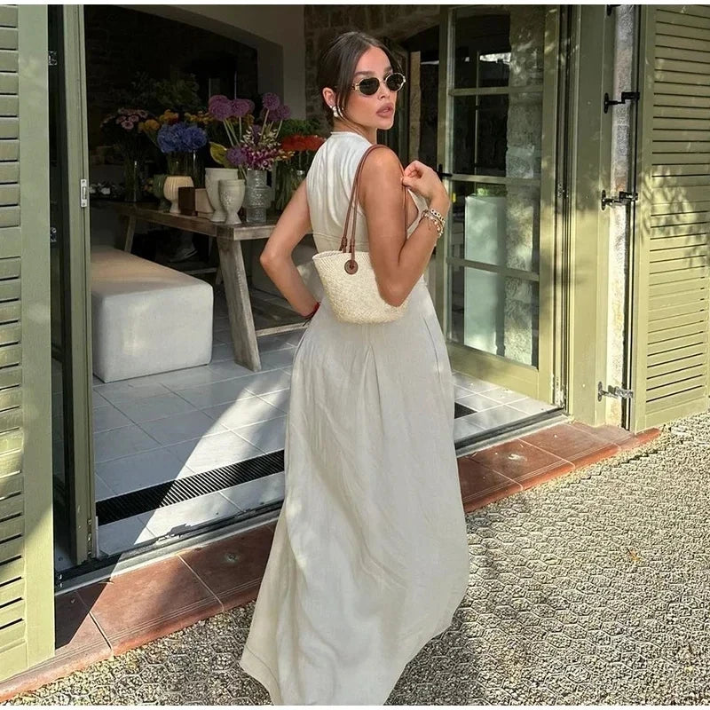 Muyer 2025 vestidos longos drapeados para mulheres zip sem mangas maxi vestido mulher férias de verão vestidos femininos ruched festa vestido feminino