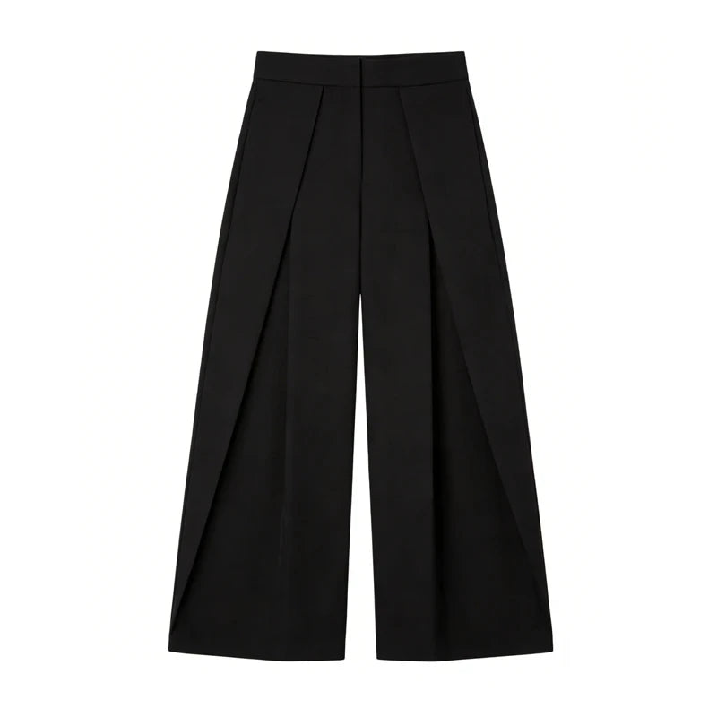 Calças Baggy Pretas para Mulheres, Calças Largas Plissadas, Calças Casuais Listradas para Mulheres, Calças de Cintura Alta para Primavera