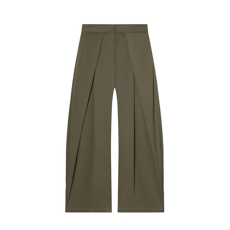 Calças Baggy Pretas para Mulheres, Calças Largas Plissadas, Calças Casuais Listradas para Mulheres, Calças de Cintura Alta para Primavera