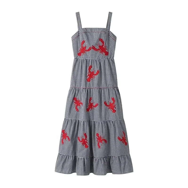 Muyer xadrez deslizamento vestido longo mulher bordado plissado vestidos de verão 2025 sem mangas praia férias vestido feminino casual midi vestidos