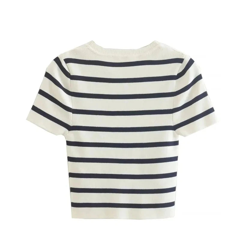Muyer listrado malha blusas curtas para mulher manga curta camisa topos mulher 2025 pullovers malhas blusas de colheita topo feminino