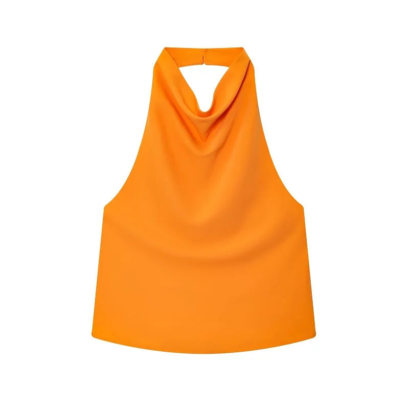 NOVO! Blusas Halter Femininas 2026: Top Preto de Cetim Sem Costas, Top Rosa de Verão para Praia, Blusa Feminina Ombro a Ombro, Camisola Feminina