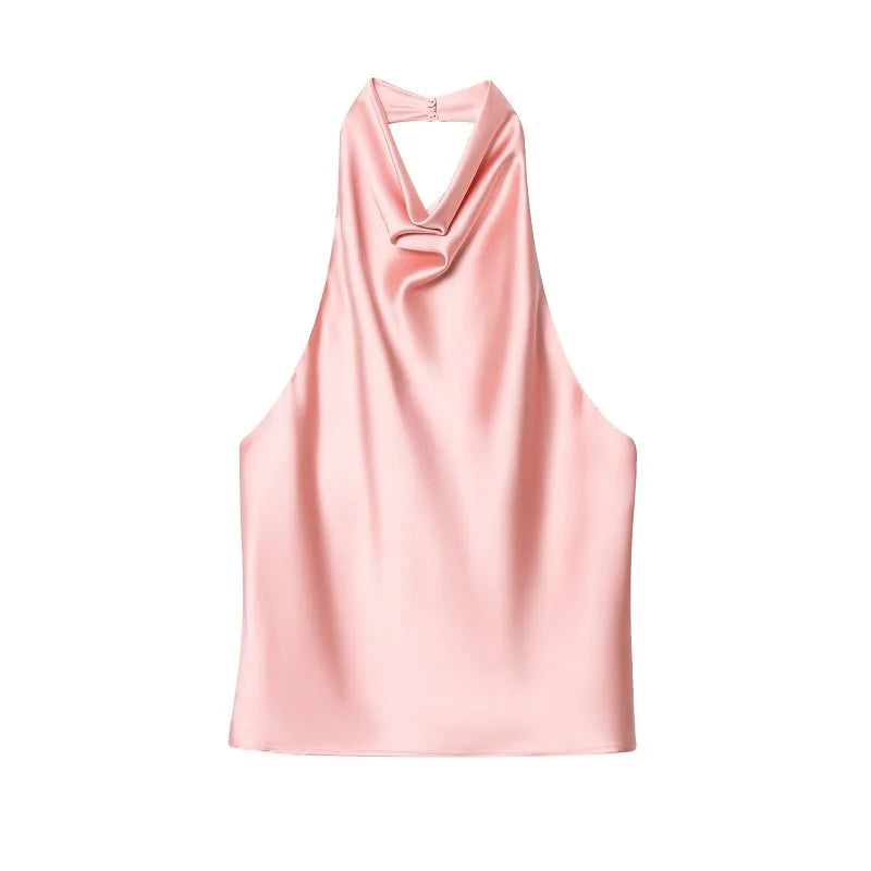NOVO! Blusas Halter Femininas 2026: Top Preto de Cetim Sem Costas, Top Rosa de Verão para Praia, Blusa Feminina Ombro a Ombro, Camisola Feminina