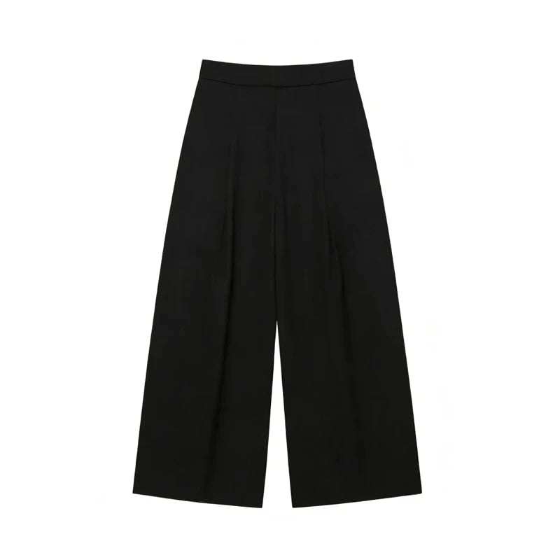 Calças Baggy Pretas para Mulheres, Calças Largas Plissadas, Calças Casuais Listradas para Mulheres, Calças de Cintura Alta para Primavera