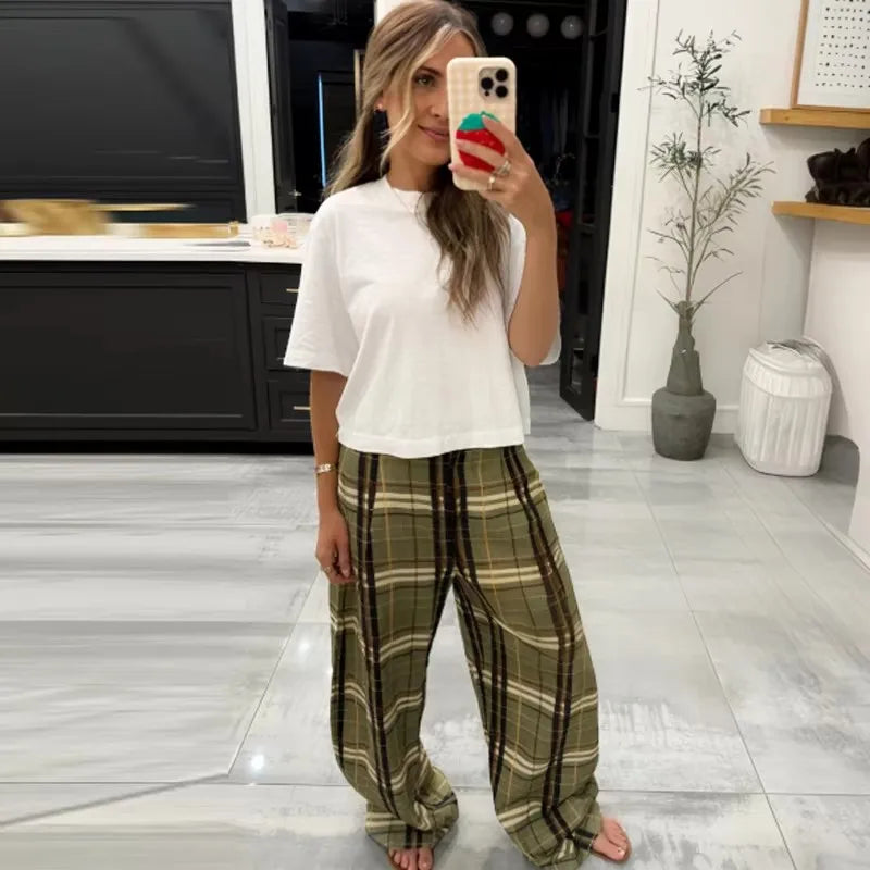 Muyer xadrez calças largas mulher casual calças de perna larga para mulheres meados de cintura oversize calças femininas vintage calças plissadas das mulheres