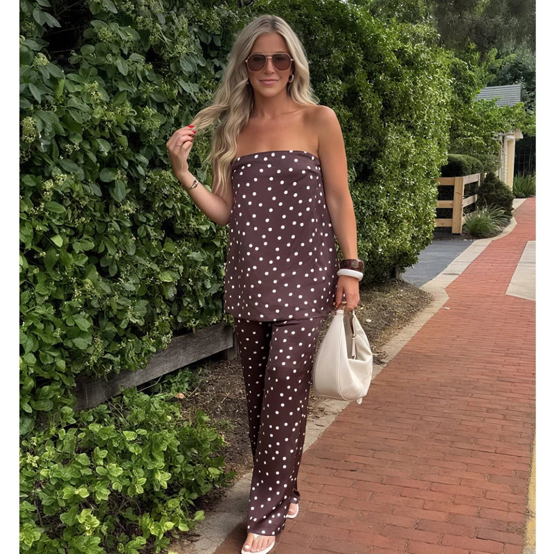 Muyer conjunto de calças de bolinhas femininas, 2 peças, cetim, cintura alta, calças femininas, espartilho, top crop, roupa de verão, calças femininas